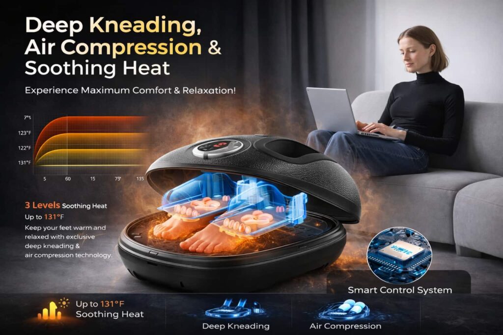 A woman enjoys the soothing foot massager while working on her laptop, with a glowing display of heat levels and internal components, featuring deep kneading and air compression technology.