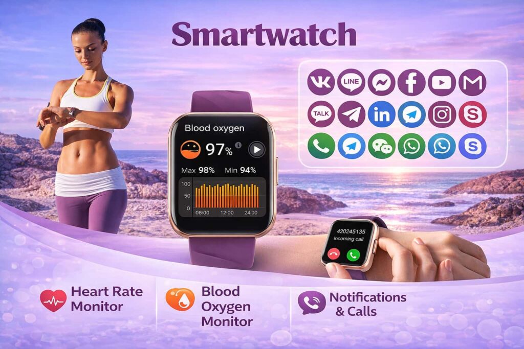 RUIMEN smart watches showing heart rate monitor, blood oxygen monitor, notifications and Bluetooth call features.