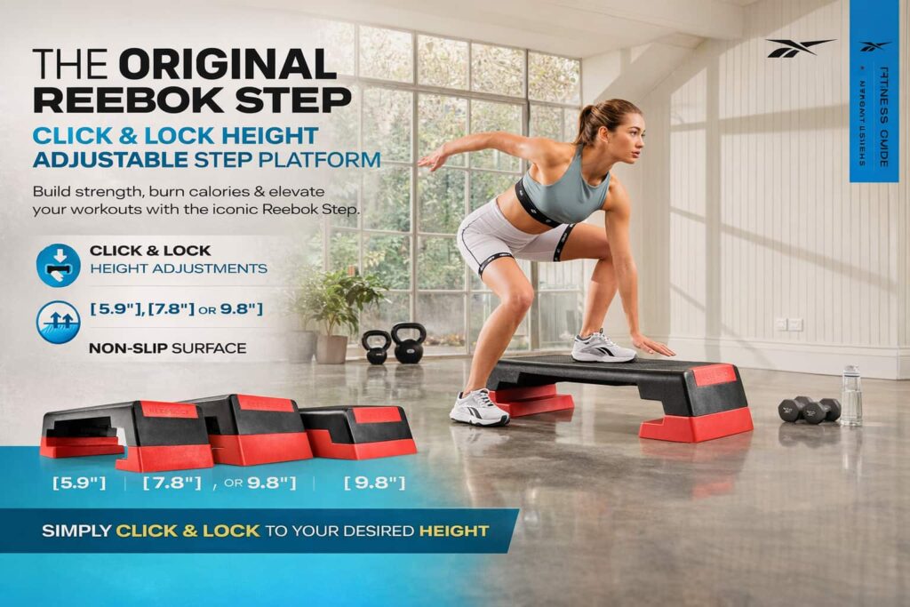 Woman performing workout on Reebok Fitness multipurpose adjustable step platform at home.