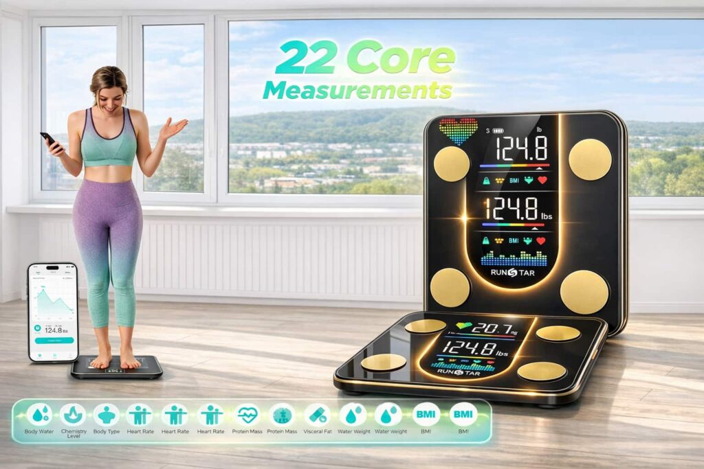 Woman standing on RunStar Scale for Body Weight smart body composition scale showing 22 core health measurements on display and mobile app.