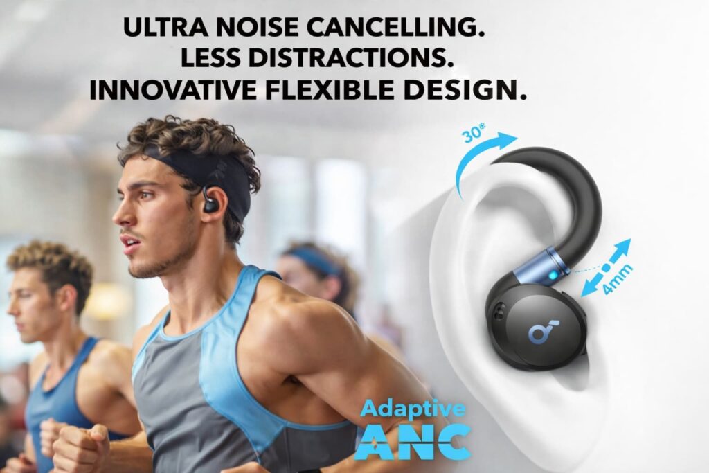 Soundcore Sport X20 wireless sport earbuds with flexible ear hook and adaptive noise cancelling for workouts.