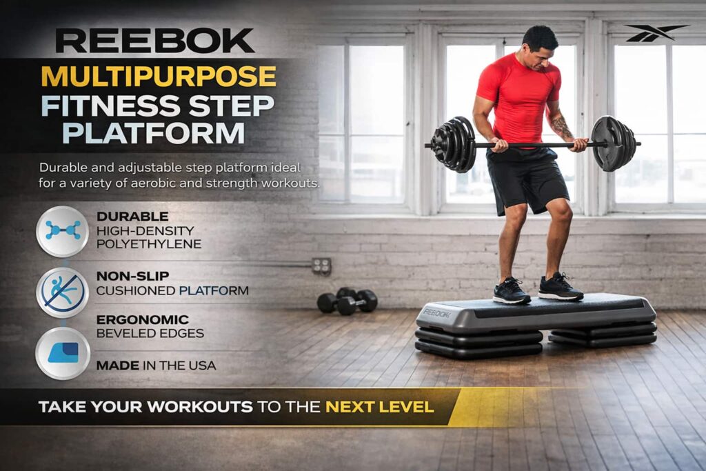 Man performing barbell exercise on The Original STEP exercise step platform in a home gym.