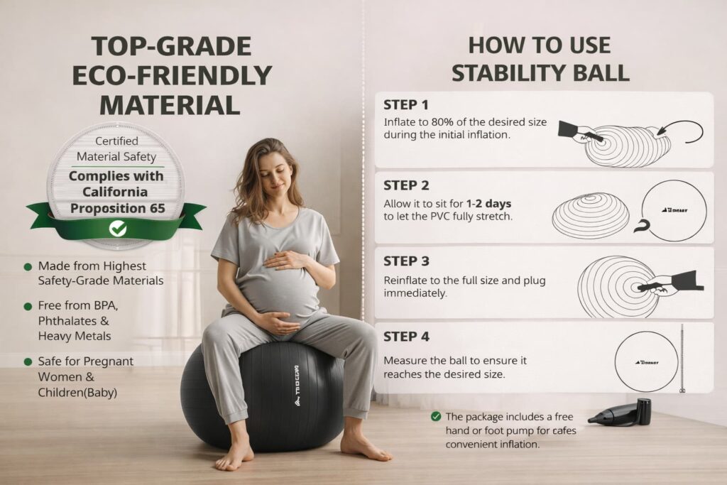 Pregnant woman using Trideer exercise ball for yoga and core strength with eco-friendly, anti-burst material features.