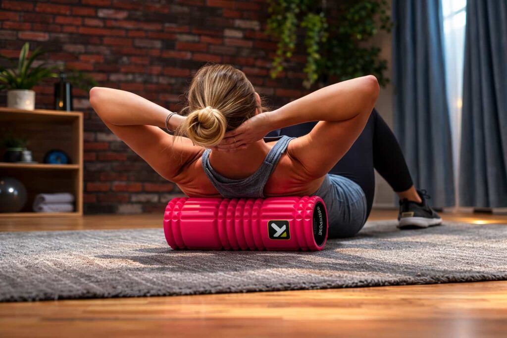Woman using TriggerPoint GRID 1.0 foam roller for deep tissue muscle recovery and back pain relief at home