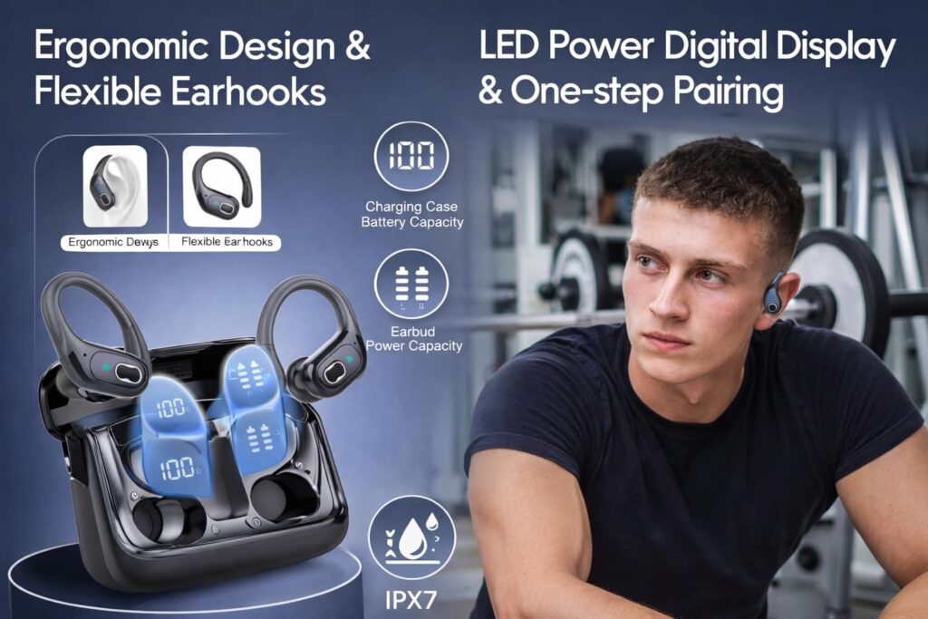 Wireless earbuds with 75 hours battery life, LED power display charging case and flexible earhooks for sports.