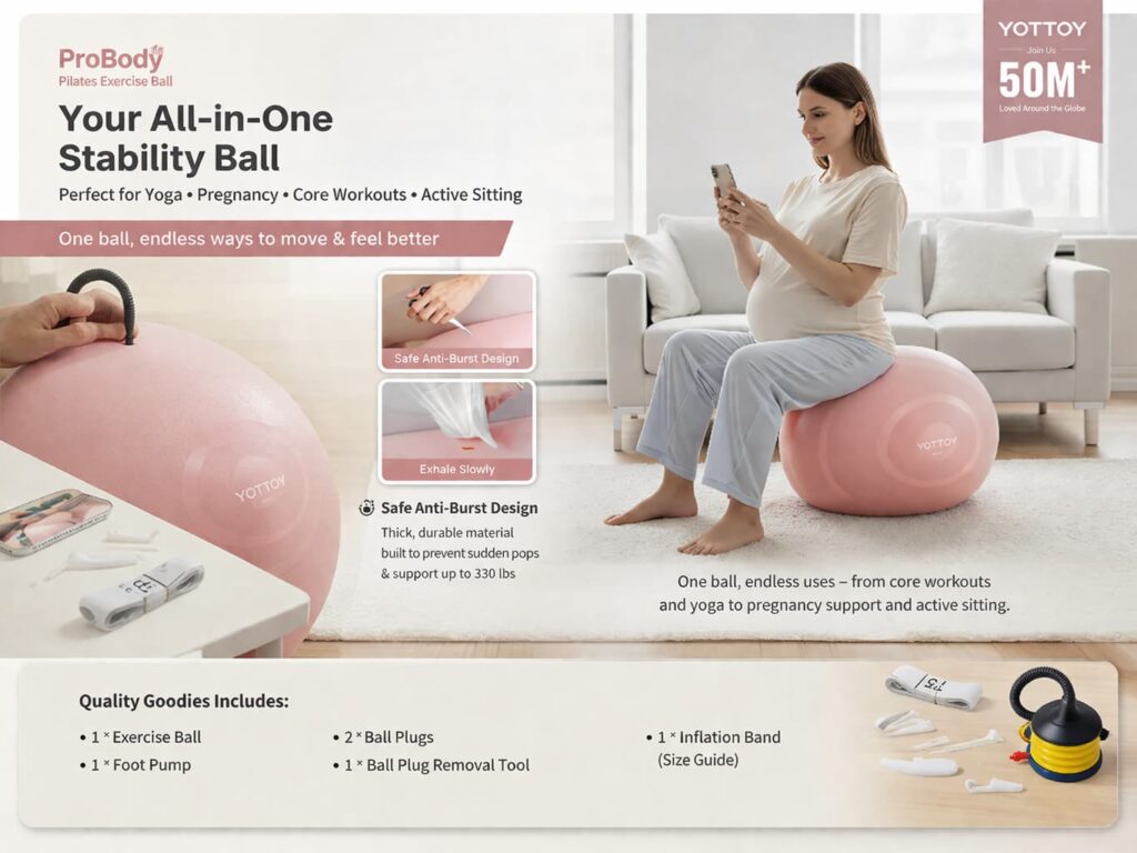 Pregnant woman sitting on YOTTOY anti-burst exercise ball with pump and accessories for safe home workouts