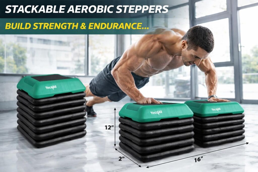 Man doing push-ups on Yes4All high aerobic step platform with stackable risers and non-slip surface in home gym.
