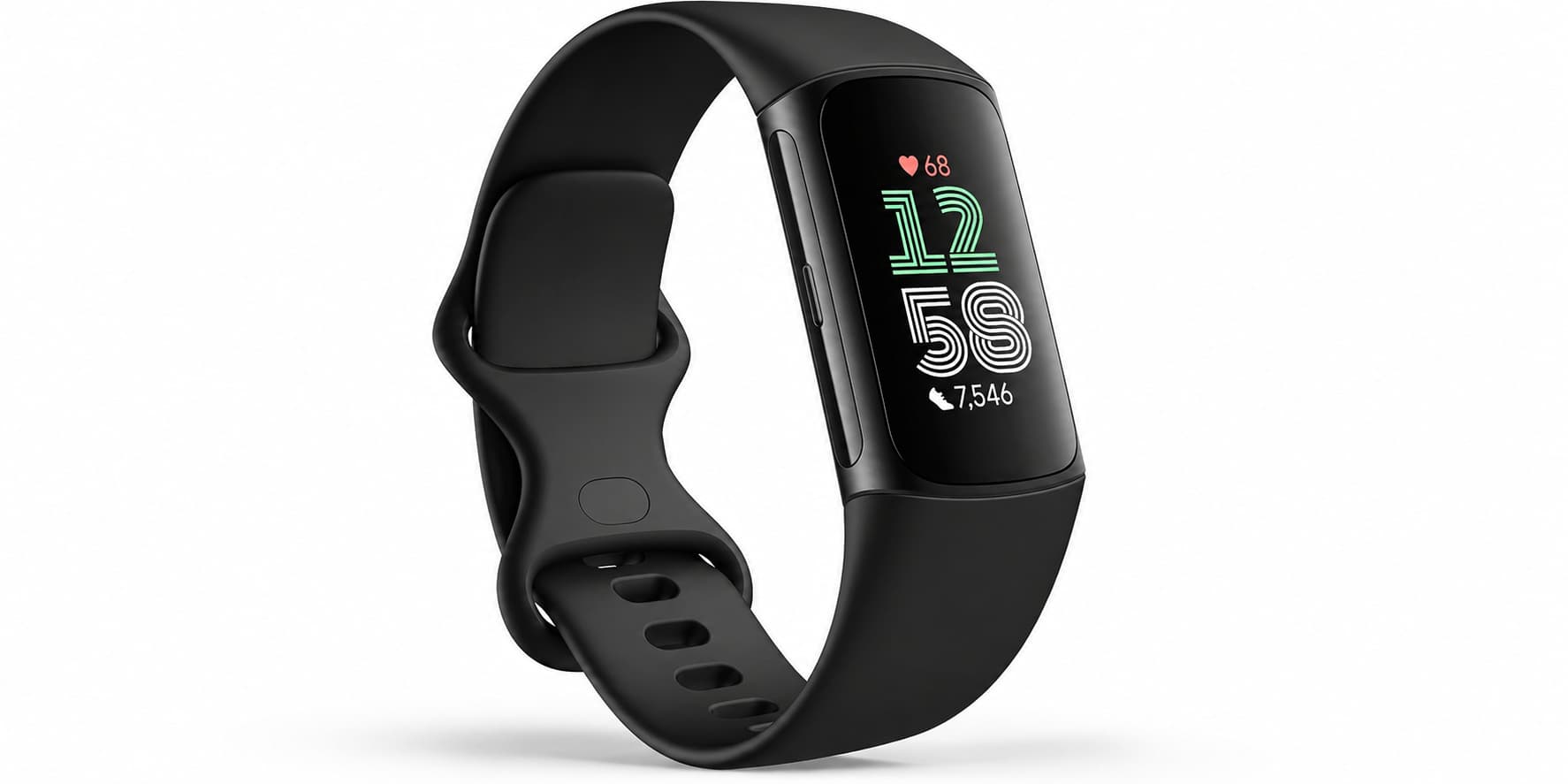 Fitbit Charge 6 fitness tracker with AMOLED display showing heart rate and step count, black band design