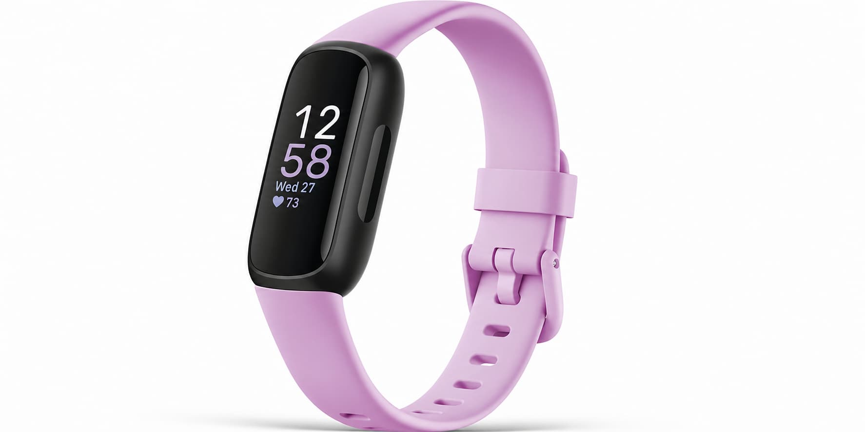 Fitbit Inspire 3 fitness tracker with pink band showing time, heart rate, and activity tracking display