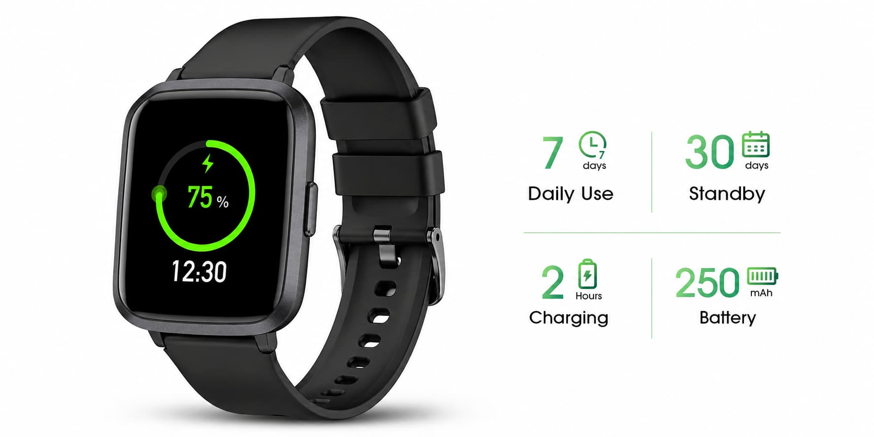 LIVIKEY fitness tracker smartwatch showing battery status, time, and activity tracking display with black strap