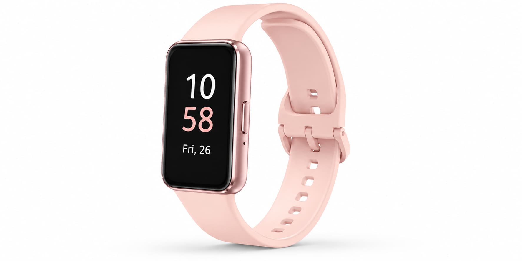 Samsung Galaxy Fit 3 fitness tracker with AMOLED display and pink strap showing time and date