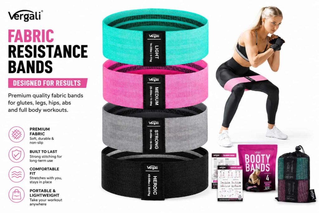 Set of four fabric booty resistance bands for women with different resistance levels, shown with workout demonstration and fitness accessories.