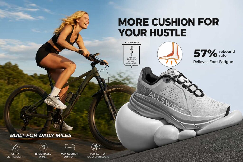 Woman wearing ALLSWIFIT women's cushioning walking shoes while cycling outdoors for daily fitness and comfort.