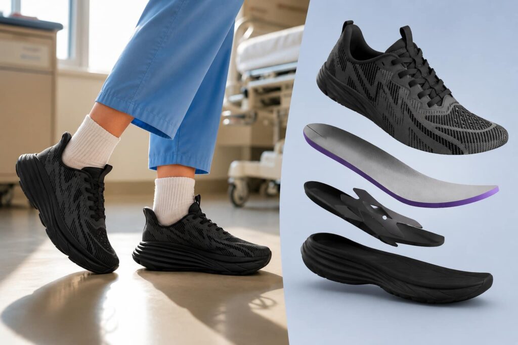 Woman wearing ALLSWIFIT women’s slip on walking shoes with cushioned support for all-day comfort and stability.