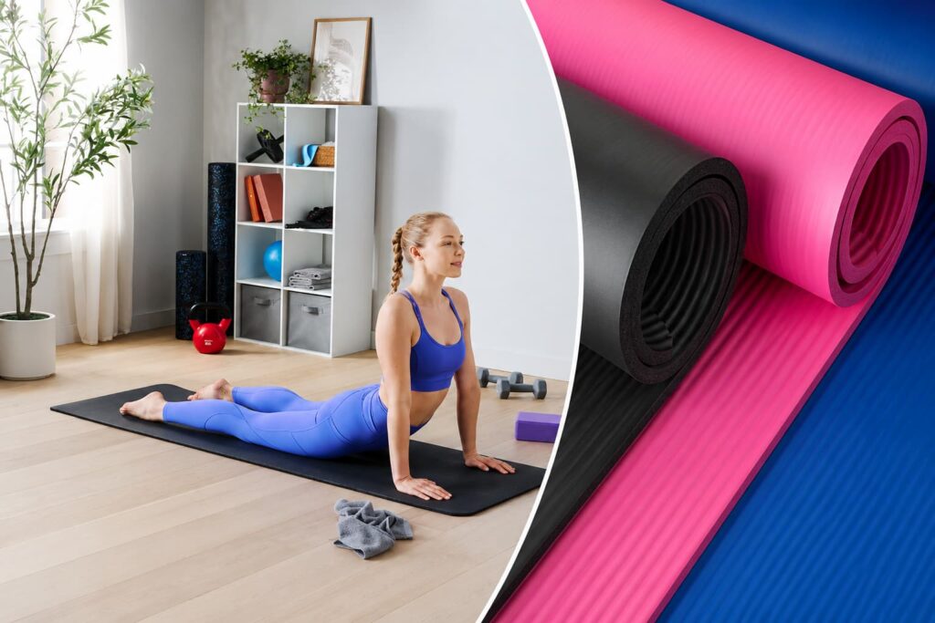 Amazon Basics Extra Thick Exercise Yoga Mat for home workouts and yoga practice.