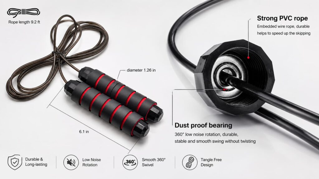 BOOMIBOO jump rope with durable PVC rope, ergonomic handles, and 360-degree dust-proof ball bearings for smooth, tangle-free skipping workouts.