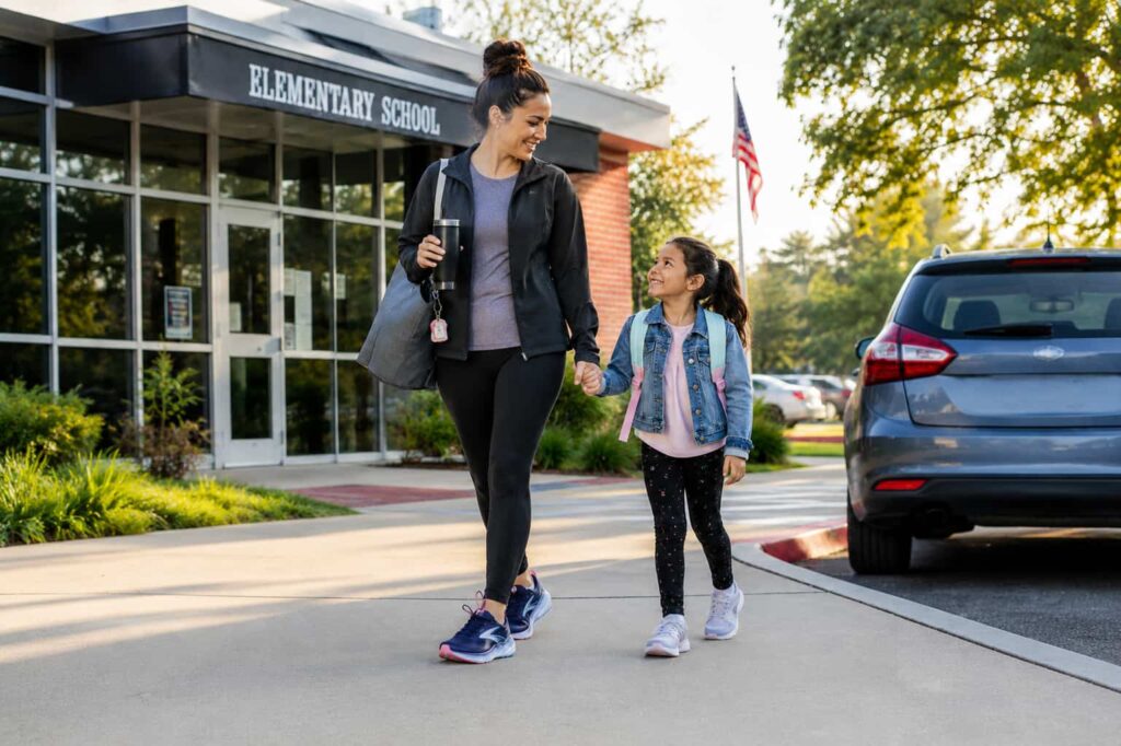Busy American mother wearing Brooks Women’s Glycerin GTS 22 running shoes while walking her daughter to school on a sunny morning.