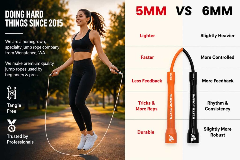 Athletic woman using the Elite Jumps adjustable jump rope during an outdoor fitness workout at sunset.