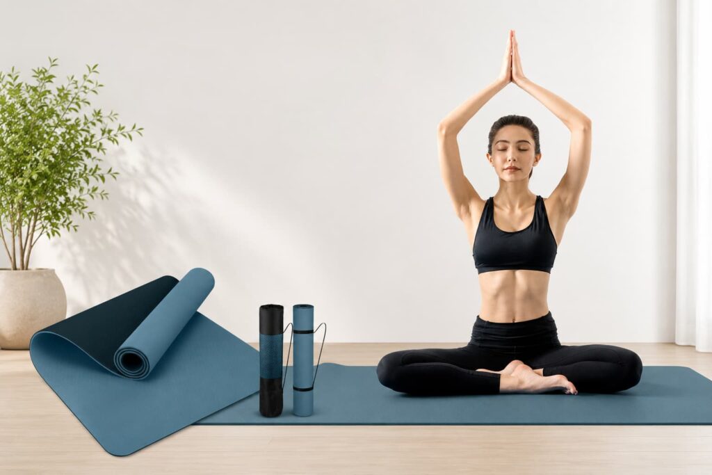 Woman practicing yoga on a Gruper non-slip yoga mat beside rolled exercise mats in a modern indoor studio.