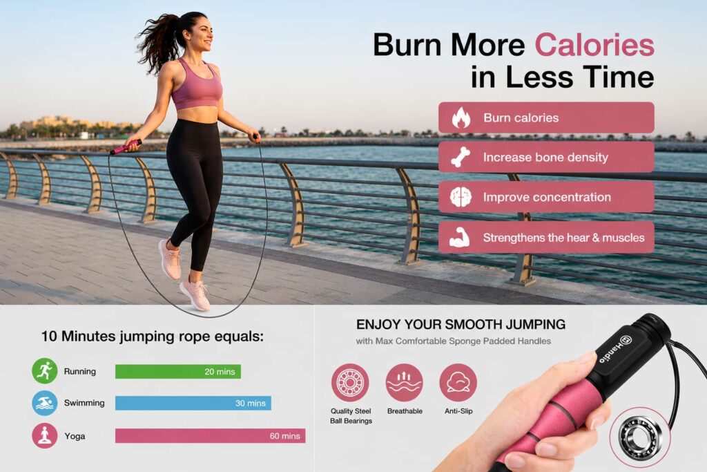 Active woman using the H Handio jump rope with digital counter during an outdoor cardio workout by the waterfront.