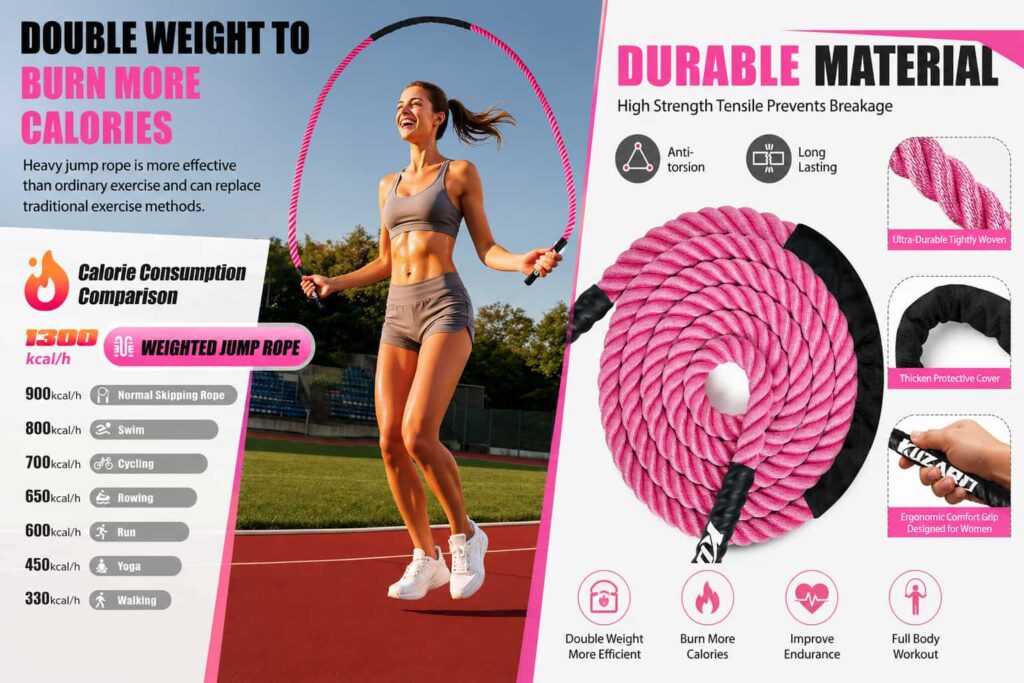 Fit woman exercising outdoors with a pink KUZARO weighted jump rope for cardio and endurance training.