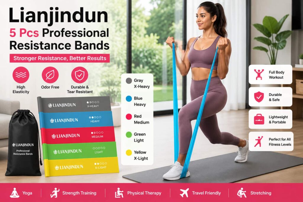 Woman exercising with Lianjindun professional resistance bands set for strength training and fitness workouts.