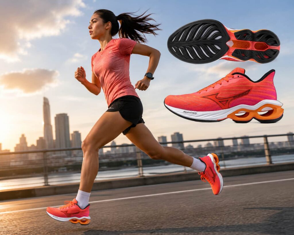 Woman running outdoors wearing bright coral and pink Mizuno Wave Creation 17 running shoes with cushioned sole technology.