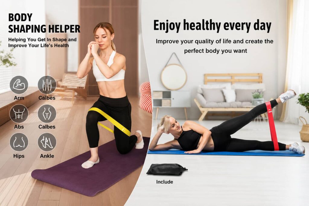 Women performing lower body exercises using resistance bands set with 5 different resistance levels.