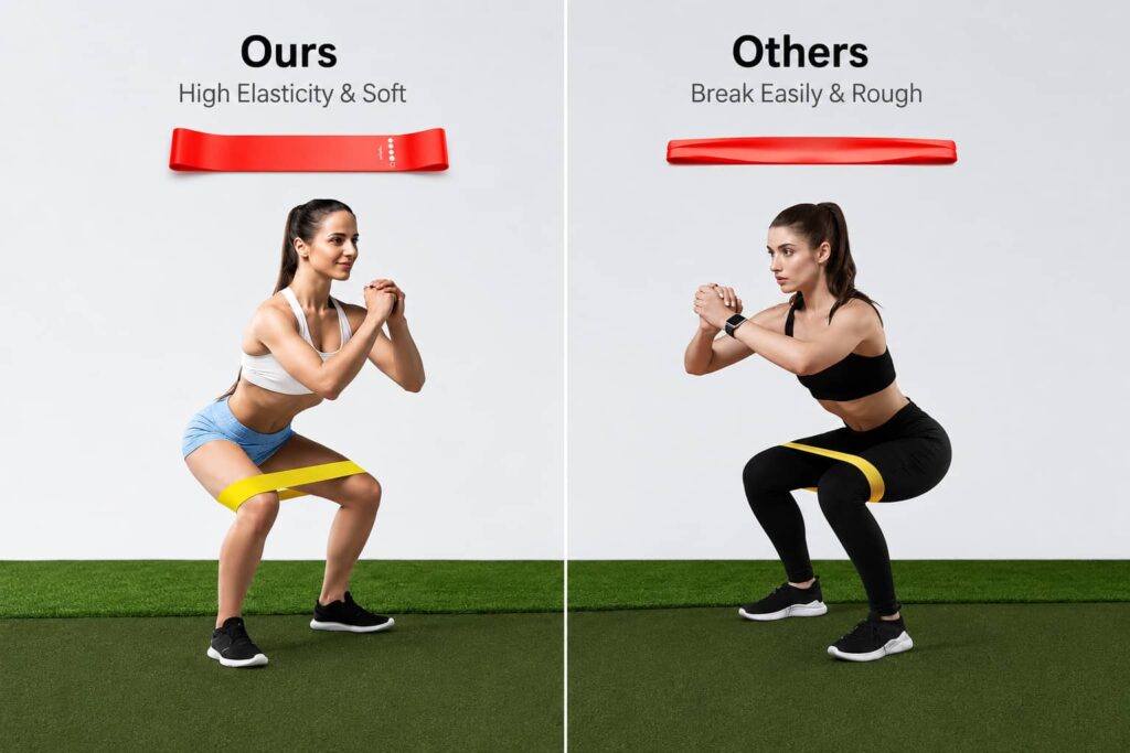 Women using resistance bands during squat workouts to compare flexibility and durability.