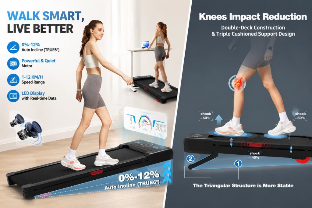 Woman walking on TRAILVIBER walking pad treadmill with auto incline and shock absorption support system.