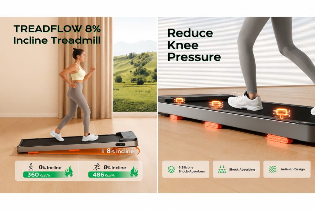 Wide promotional image of the TREAFLOW Walking Pad treadmill featuring an 8% incline workout mode and shock-absorbing cushioning designed to reduce knee pressure.