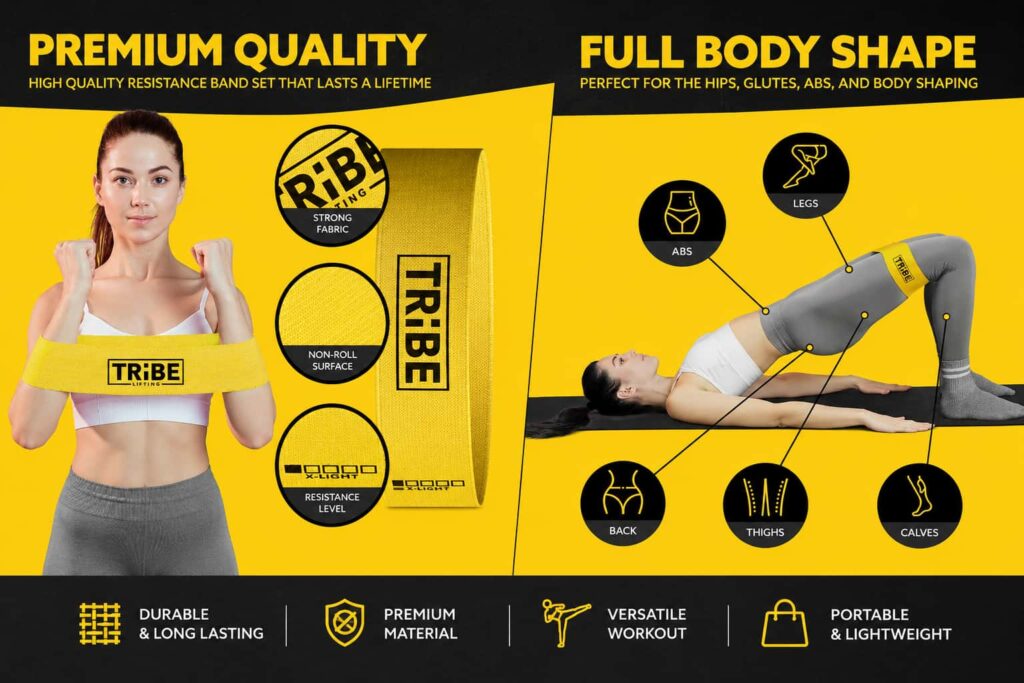 Woman using Tribe Lifting yellow fabric resistance band for glute, leg, abs, and full body home workout exercises.