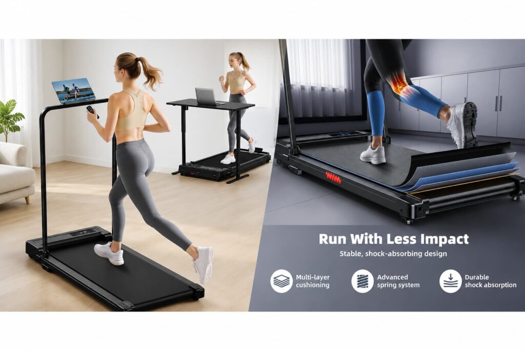 A modern walking pad treadmill for home use featuring a woman exercising indoors, with shock-absorbing cushioning technology and a compact space-saving design.