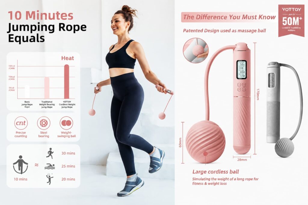 Active woman using a pink YOTTOY cordless skipping rope during an indoor cardio workout session.